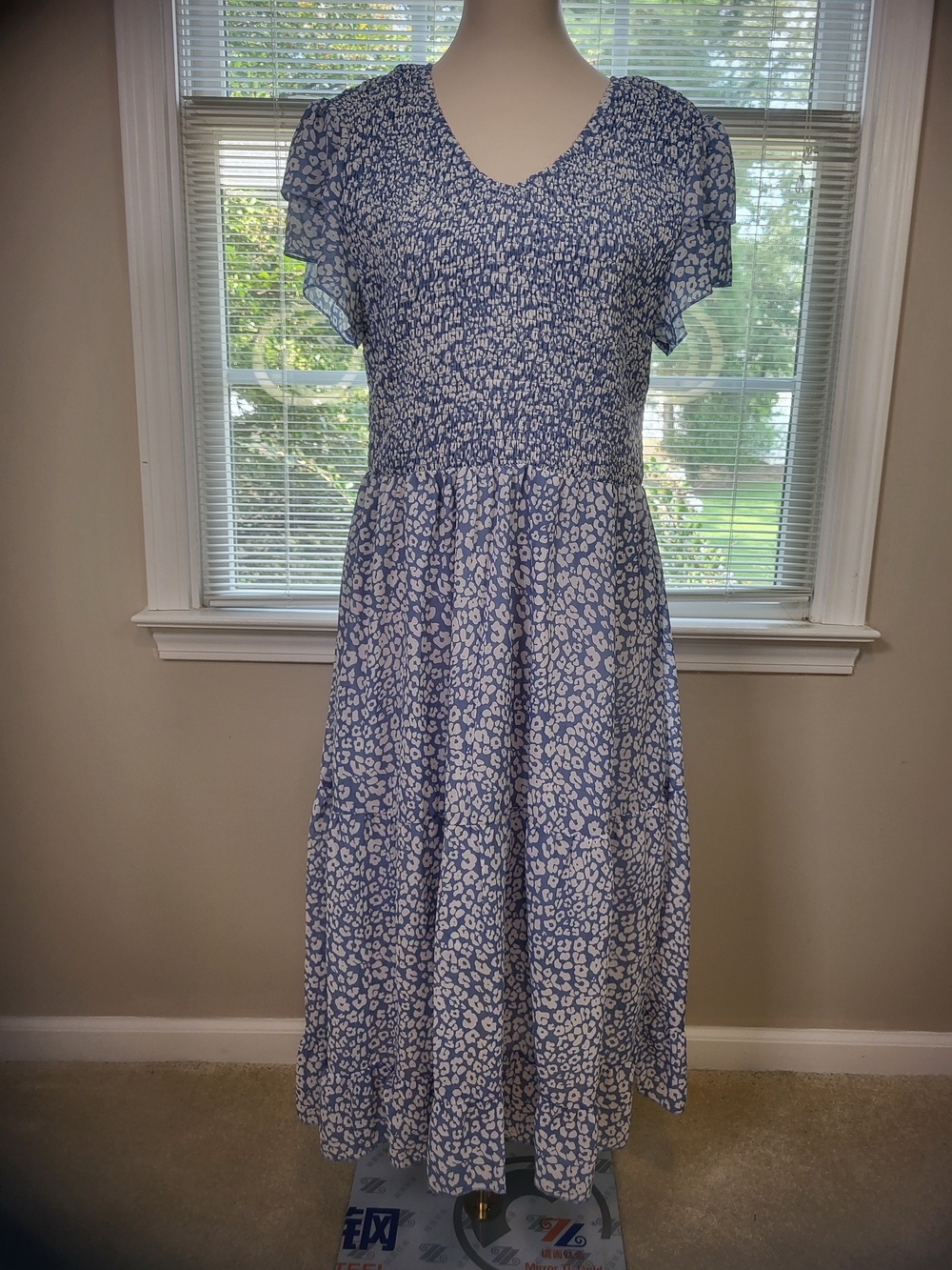 Gaovot Blue and White Floral Midi Dress - Women's